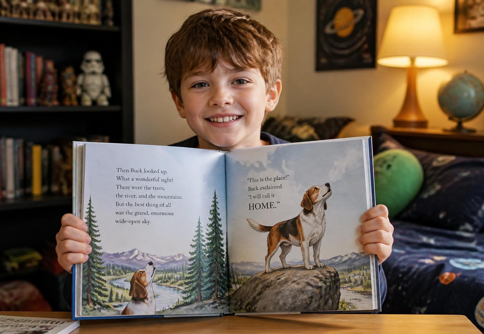 A child holding up an illustrated storybook made with Storyforge